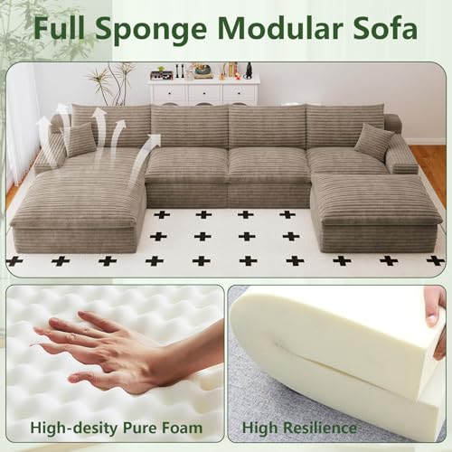 Image of 136 inch Cloud Couch Modular Sectional Sofa for Living Room, U-Shape Boneless Couch with Deep Seat, Modern Corduroy 4-Seater with Ottoman, No Assembly Required (Camel,Left-Facing Chaise)