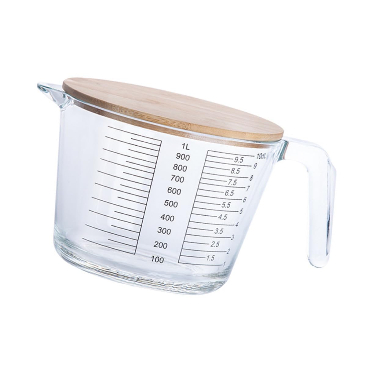 Taza y Mango de Madera Resistente al Calor Medidora de Vidrio con Escala Graduada para Medir Jugos y Cremas en Cocina y Repostería