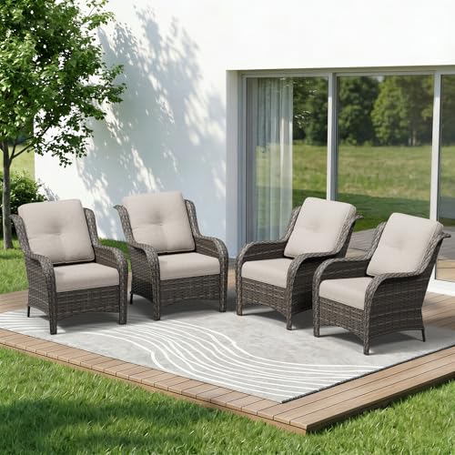 Image of 4 Piece Outdoor Wicker Patio Furniture Set, Patio Chairs Set of 4 with Thickened Olefin Cushions, High Back and Deep Seating, Hand-Woven PE Rattan for Porch, Deck, Beige