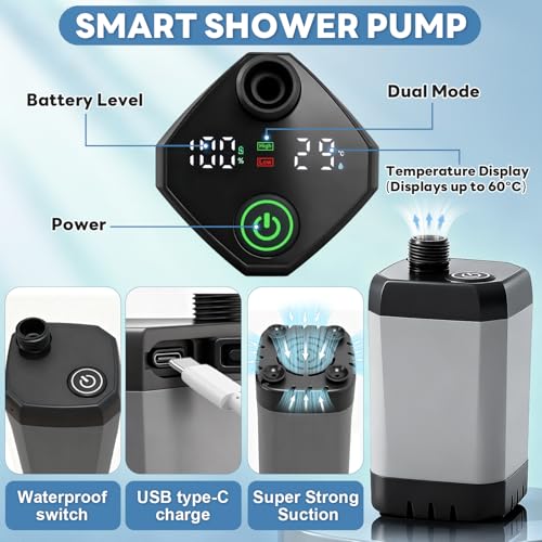Ducha portátil mejorada 2026 con calentador, bomba recargable de 6000mAh para camping con pantalla LED, 3 modos de rociado, cubo plegable de 5 gal, ducha al aire libre para senderismo, vehículos recreativos, baño de mascotas y lavado de autos miniatura 3