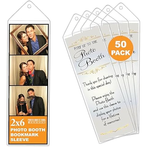 Photo Booth Nook | 2x6 Clear Bookmark Sleeves (50 Count) | Plastic Bookmark Sleeves for Photo Booth Strips with Silver Inserts | Bulk Cover