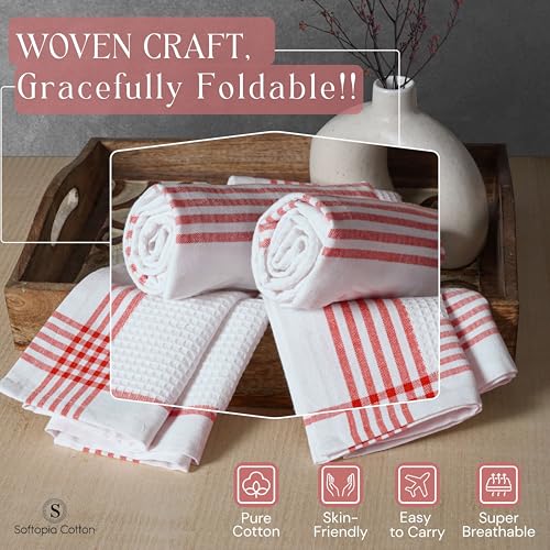 Image of Waffle White & Red Kitchen Dish Towels, Set of 4, 100% Cotton 16x26 inches, Absorbent Tea Towel, Multi-Purpose Hand Cleaning Towel, Strong and Reusable Dish Cloths for Drying Dishes