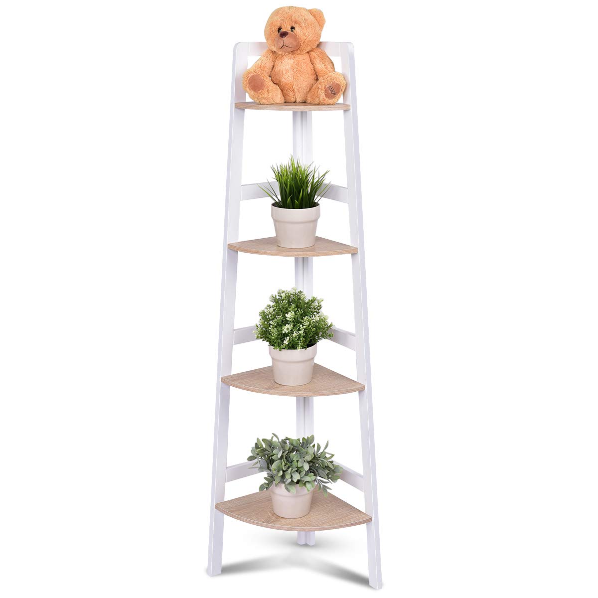 COSTWAY Etagère d'angle Meuble d'angle en MDF avec 4 Etagères Bibliothèque Etagère de Coin pour Cuisine, Chambre, Salon, Bureau