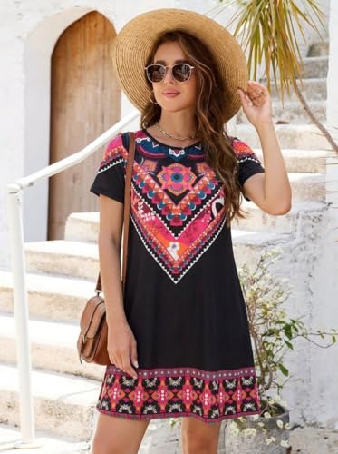 Image of Heymoments Women's Short Sleeve Crewneck Sundress Summer Casual A-Line Beach Dress with Pockets S-2XL