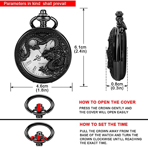 Image of Dragon Design Quartz Pocket Watch Roman Numerals with Chain Birthdays Gifts for Father's Days