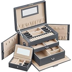 Cajones Con Joyeros SONGMICS Joyero, Organizador de Joyas con 2 Cajones, Estuche con Cerradura y Espejo, Estuche de Viaje Portátil, para Anillos, Pulseras, Collares, Forro de Terciopelo, Regalo, Gris JBC121G01