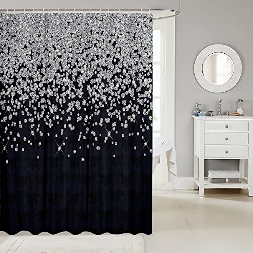 Loussiesd Silver Glitter Shower Curtain (No Glitter) Bling Partyations Black Bathroom Fabric Shower Curtain Set for Kids Teens Diamond Floral Bath Curtain Waterproof Curtains 72x72 Inch - Image 2