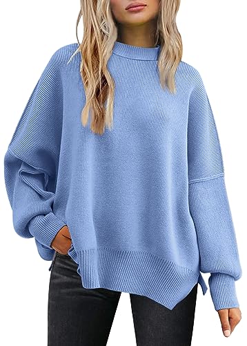 Image of LILLUSORY Women's Oversized Batwing Sweaters 2026 Fall Outfits Trendy Crewneck Knit Side Slit Fashion Pullover Tops