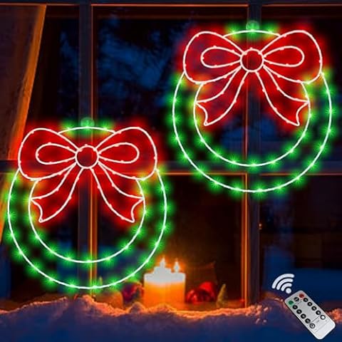 CESOF Christmas Window Lights Decorations, 2 Packs 14" Lighted Christmas with Bow, Remote Control Timer USB Powered Silhouette Lights for Indoor Door Wall Home Xmas Party Decor Cover