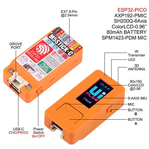 M5StickC ESP32 Mini IoT Development Board Official Blockly Module with Color 0.96 inch LCD Color Screen Display, Microphone, Grove Interface, Built-in 4MB Flash for Ar duino and UIFlow Programming