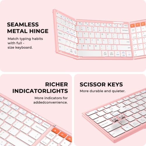 Image of MEETION Foldable Bluetooth Keyboard and Mouse, Portable Combo Pink | Slim foldable keyboard and mouse set with a soft travel pouch, rechargeable and multi-device connection for work on the go