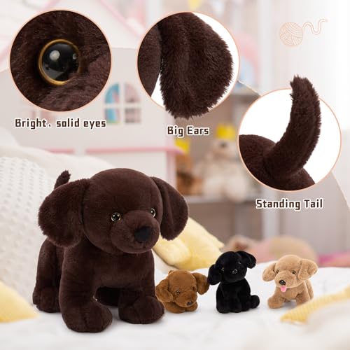 MorisMos 4 stücke Labrador Retriever Plüschtier Set, 40cm riesen Hund Kuscheltier Stofftier XXL Realistisch mit 3 Babys welpen im Bauch, Plüschhund Weihnachten Geschenk für Kinder Baby