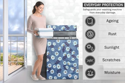 Image of Stylista PVC Washing Machine Cover Compatible for Samsung 6.5 KG Fully-Automatic Top Load WA65T4262GG, Floral Pattern Blueish Grey
