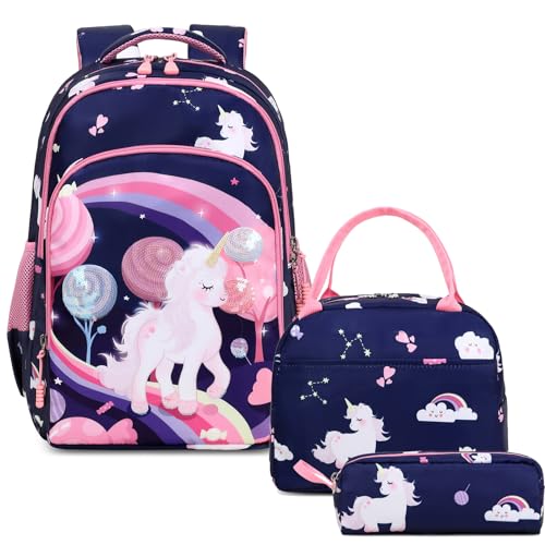Kimwadalh Mochila Unicornio Niñas Primaria 3 en 1 Juego de Bolsas Escolares Mochilas Infantiles Purpurina