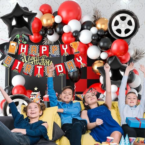 Image of Rozi Decoration Bike Theme Birthday Decoration Set - 58 Pcs Racing Party Supplies with Balloons, Banner, Motorbike Foil Balloon, Wheel & Star Foil Balloons for Kids Birthday Party Decor (Pack of 3)