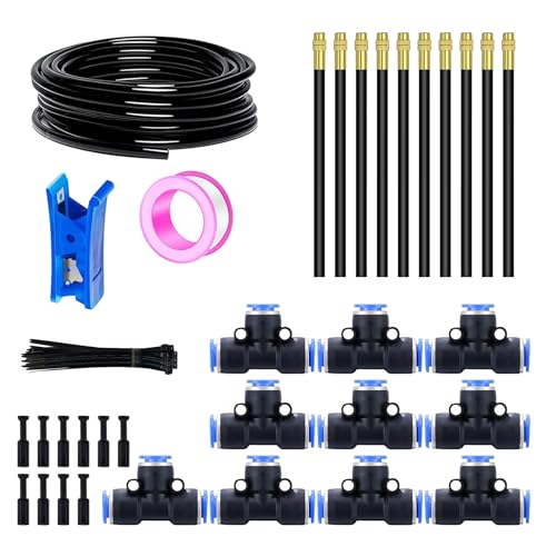 HUAZIZ Kit de manguera neumática de 20 m, sistema de riego, juego de riego por goteo flexible en 360°, 10 boquillas de riego de 8 mm, 10 conectores neumáticos, para invernadero, patio, césped, planta
