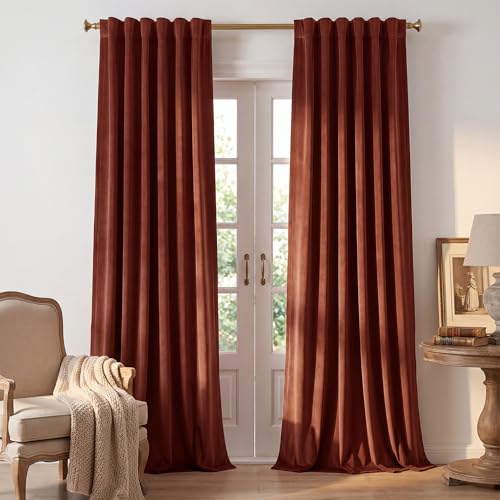 Image of Rust Red Velvet Curtains for Christmas Decor, W52 x L90, 2 Panels | Back Tab 300GSM Soft Velvet, Room Darkening, Privacy Vintage Drapes, Thermal Insulated, Window Panels for Living Dining Room