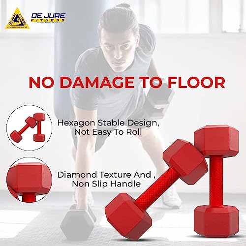 Image of De Jure Fitness PVC Hex Dumbbells Pair for Strength Training & Home Gym Workout | Anti-Slip Encased Coating, Full Body Fitness, 2kg Pair, Red