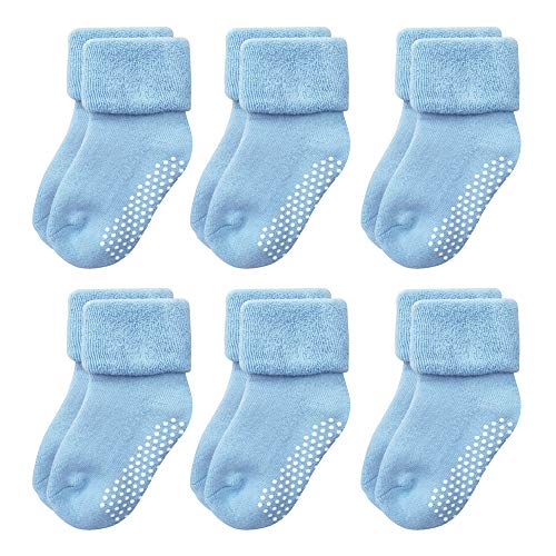 VWU Grip Socks Ankle Crew Baby Toddler Kids Unisex Thick Cotton Socks Terry 0-6T 6-Pack (Blue, 4-6T)