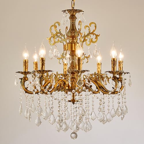 Vintage 8 Arms Crystal Chandelier Candle Light Fixture for Dining Room Living Room Bedroom Hallway Entryway Antique Gold Finish (27