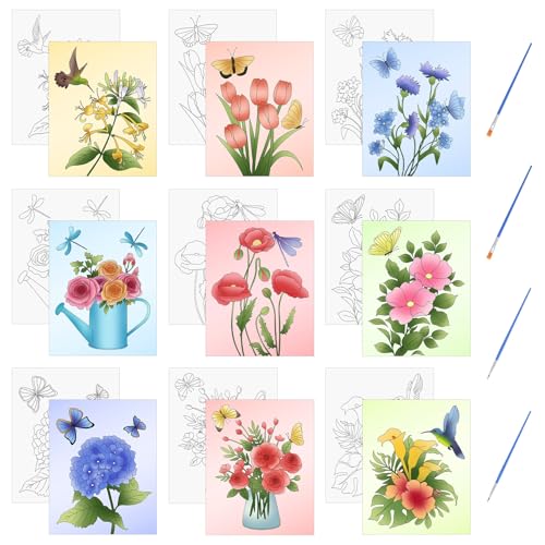 HICOHAND Pre Printed Canvases, 9 PCS Flower Pre Printed Canvas for Painting Adults No-Frame Pre Drawn Canvas with Brushes Student Party DIY Gift Supplies 7.87 * 9.84 Inches