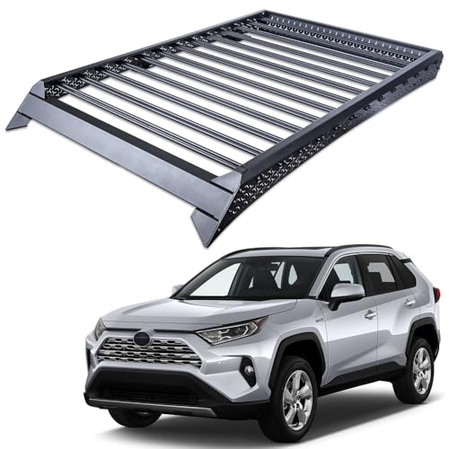 TLAPS 7422437471445 71 x 47 Inch Roof Rack Compatible with 2019-2025 Toyota RAV4 Black Low Profile Bolt-On Cargo Roof Basket Luggage Carrier with Wind Fairing