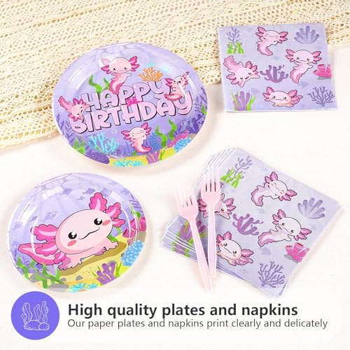 Image of Grencian 96 Pcs Axolotl Birthday Party Decorations, Serves 24 | Pink Cartoon Axolotl Plates and Napkins Reptile Animals Axolotl Tableware Set for Girls Birthday Baby Shower Party Supplies