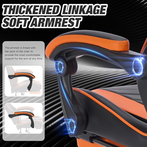 Image of Gaming Desk Chair for Adults, Ergonomic Gaming Chair (Black+Orange) | with Footrest Headrest and Lumbar Support, Leather Material Height Adjustable computer Video Game Chairs