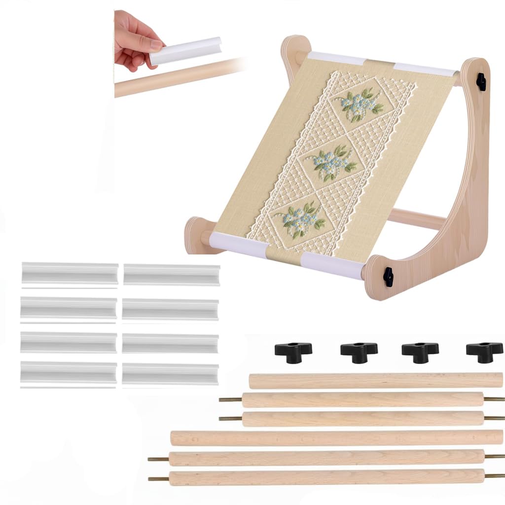 Adjustable Desktop & Lap Embroidery Stand, Solid Wood Cross Stitch Frame with 2 Size Bars (13.9" & 17.3"), Ergonomic Needlepoint Hoop Holder for Sewing, Quilting, and Craft Projects