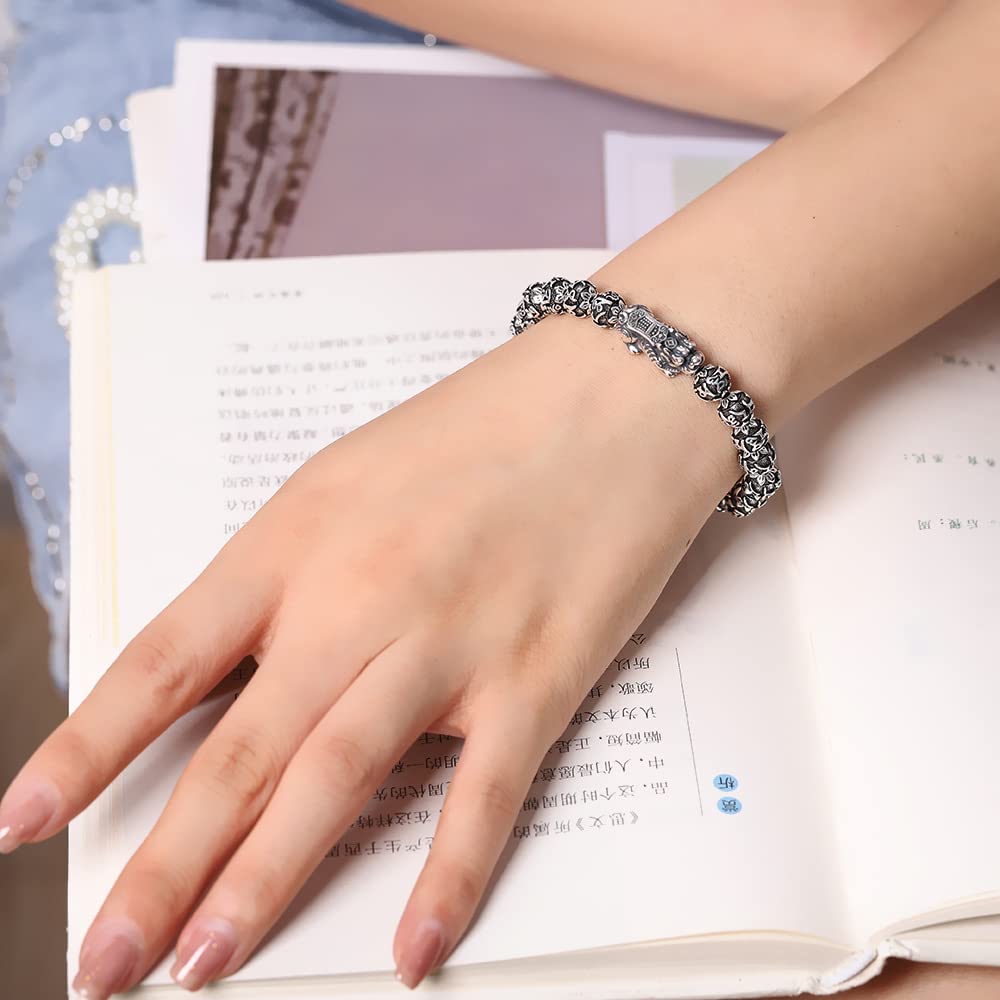 Pulsera de Plata Joyas de Plata Brazalete de Plata de Ley 925 Pulsera de Gato de la Suerte de Plata Tailandesa Retro Pulsera de Cuentas de Buda