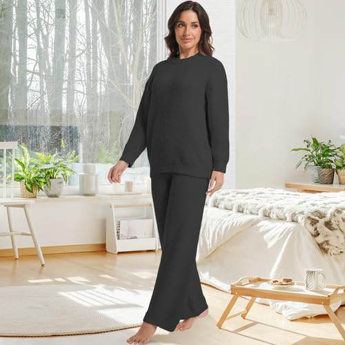 Image of BOSECETA 2 Piece Fleece Pajamas for Women Set Loungewear Outfits Knit Sweater Womens Long Sleeve Fuzzy Pajama Sets