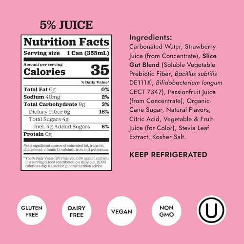 Image of Slice Healthy Soda, Strawberry, Prebiotic & Probiotic Soda Pop, 5g Fiber, 35 calories, 12 fl oz 12 Pack