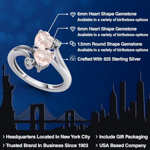 925 Sterling Silver Double Heart Promise Ring for Women | 6MM Gemstone Birthstone with 1.5MM White Moissanite Accents | 2-Stone Fine Jewelry for Engagement Wedding Anniversary | Size 5-92