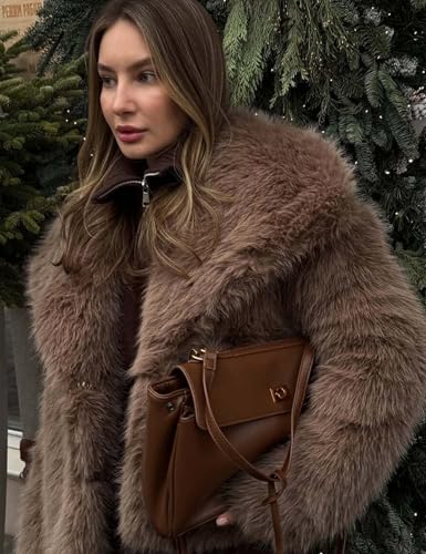 Kissonic Women Faux Fur Coat Long Sleeve Lapel Open Front Shaggy Furry Jacket Warm Fluffy Short Outwear3