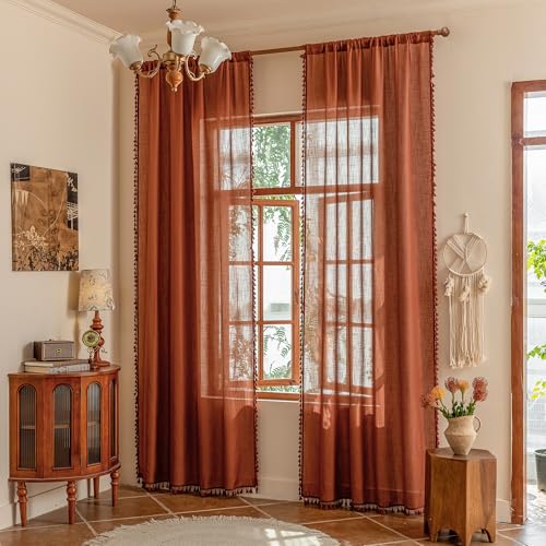 Image of MYSKY HOME Bohemian Macrame Curtains 84 Inches Long for Living Room,Semi Sheer Light Filtering Privacy Drapes Farmhouse Coutry Home Decor for Bedroom, 50 inch Wx84 inch L, Terracotta, 2 Panels