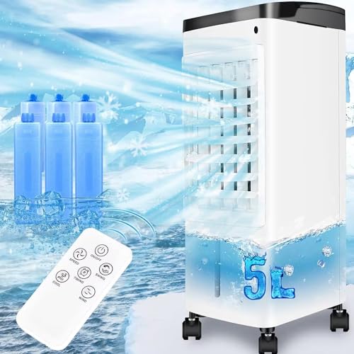 Portable Air Conditioners Upgraded Swamp Cooler with 5 L Water Tank, 3 Speeds, 12H Cooling Time, 65° Oscillation, 3 in 1 Air Conditioner Portable for Room Office Bedroom Kitchen Garage(6 Ice Packs)