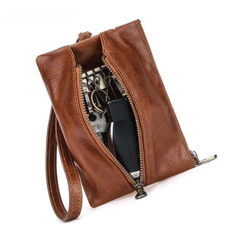 Unisex genuine leather wallet, multifunctional 2-in-1 keyring with wrist strap, fashionable handheld storage bag (Brown)2