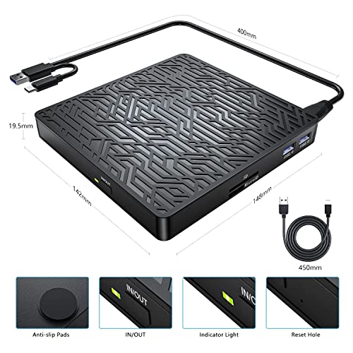 Lecteur DVD externe USB 3.0 et Type-C polyvalent avec graveur CD portable pour PC