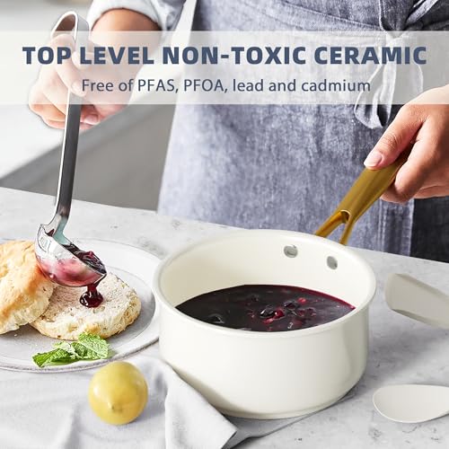 RIOVARM Induzione Set di pentole e padelle con coperchi, In ceramica Antiaderente Set di pentole con set di utensili da cucina, Set cucina essenziale Padella Pentola Padella per salse Spatole - immagine 5