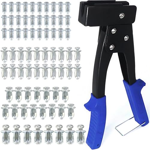 AIMUNOK 74 Pcs Expansion Screw Petal Nut and Metal Setting Tool 73 Petal Shape Metal Nut 1 Wall Anchor Gun for Hollow Wall Plasterboard Pressboard Hardboard Steel Zinc Plate