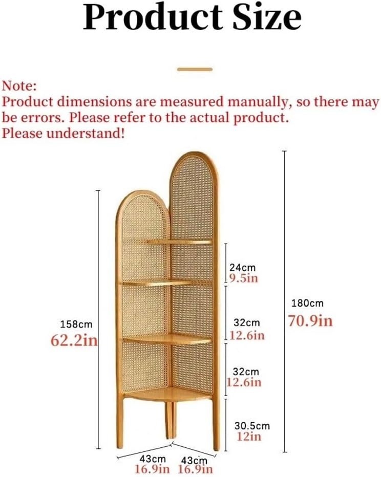 Multi-Functional Corner Shelf with Rattan Weaving, 4-Tier Floor Standing Bookshelf, Freestanding Storage Shelf for Living Room, Bedroom, and More(Beige)