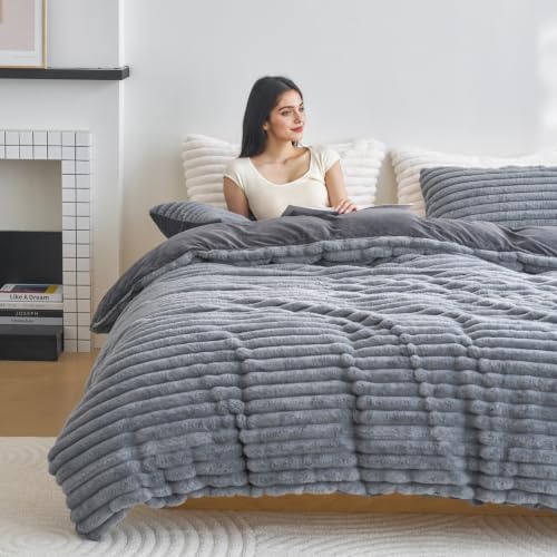 Image of Besfunny Dark Grey Plush Comforter Cover Full Size ,Fluffy Striped Bedding 2pcs Set(1 Fuzzy Duvet Cover + 1 Fur Pillow Cases ) Faux Fur Luxury Bed Set (Dark Grey, Twin)