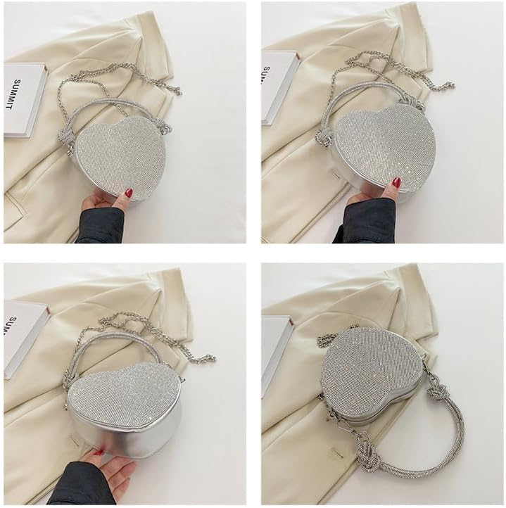 Evening Bag for Women, Silver Purse Heart Shaped Purse Crossbody Bags Shoulder Handbag for Formal - Image 2