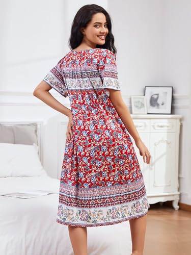 Image of CRIPOM Womens Nightgown Short Sleeve House Dress with Pockets-Floral Print Mumu Dress S-3XL