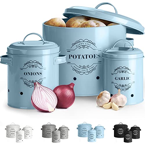 Virklyee Paniers Ail Pot à Oignon en Métal Set of 3-Pot de pomme de terre, pot d'oignon, pot d'ail, Pots et bocaux de conservation Rangement en métal Conception aérée pour un rangement facile(Bleu)