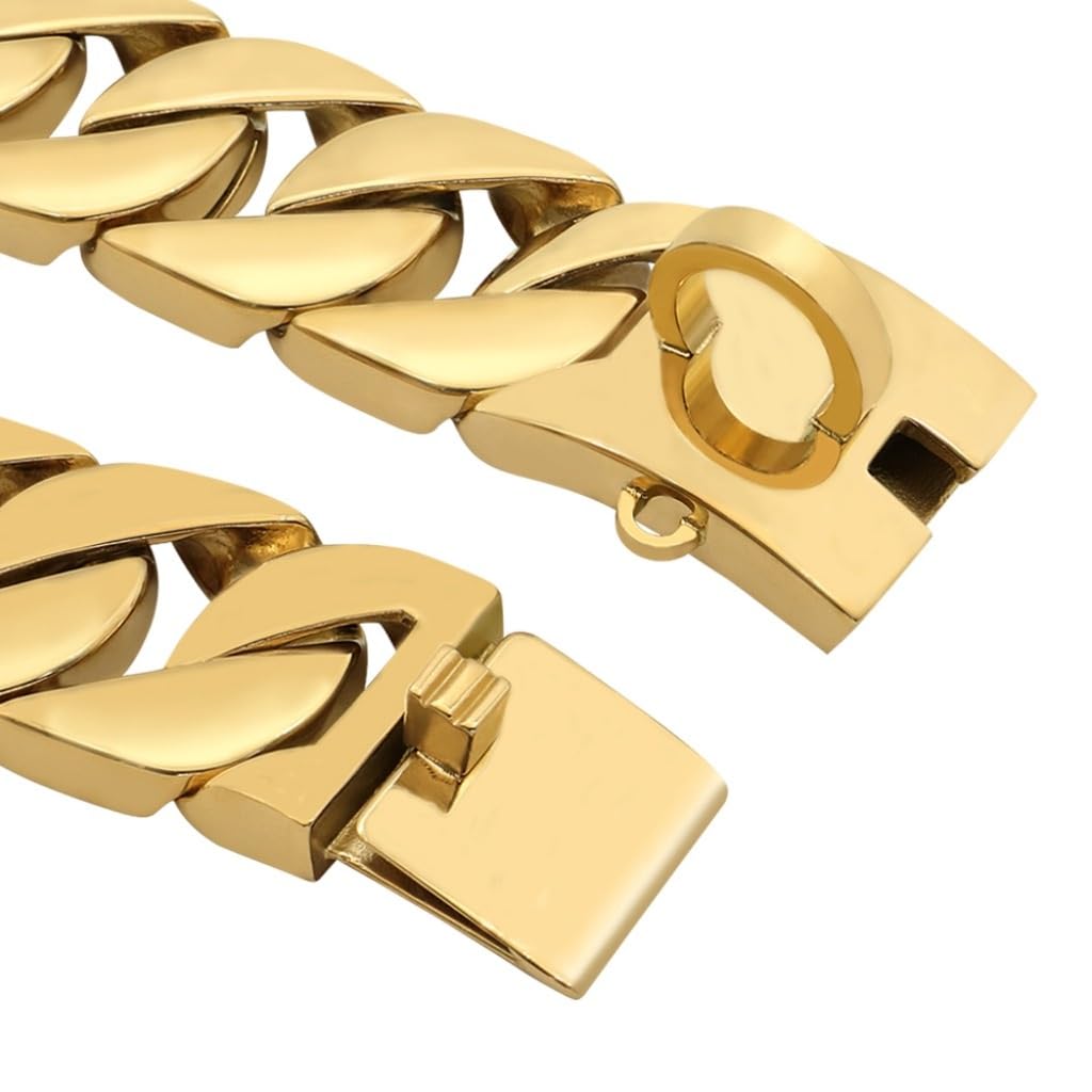 Goldfarbenes Hundehalsband, 32mm, Kubanisches Gliederhalsband mit Sicherer Schnappschnalle, 18 Karat Edelstahl, Für Alle Rassen, Mittelgroße Und Große Hunde(Gold,45cm)