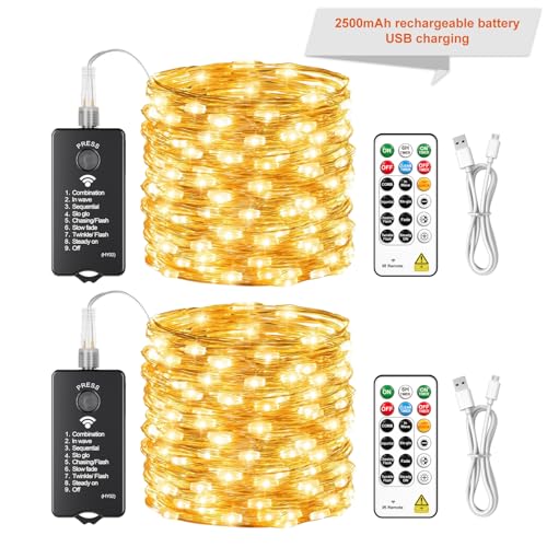 SINAMER 2 Pack Rechargeable Fairy Lights with Remote 10m 100LED Battery String Light with DIY Timer & Light Sensor Waterproof Outdoor twinkle Light for Bedroom Patio Christmas Tree Decor Warm White
