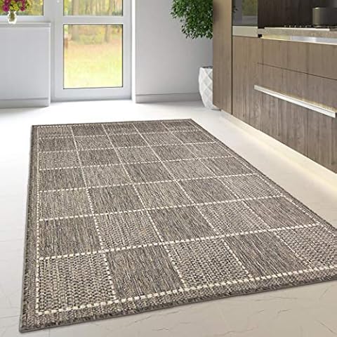 Viva Rugs Grey Beige Rug Non Slip Kitchen Living Room Flat Weave Check Carpet Large Small Area Mat (120x160cm) Cover