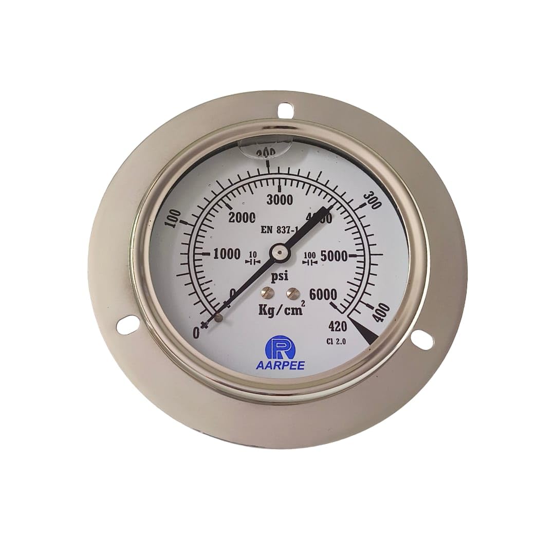 Hydraulic Pressure Gauge, 100mm (4inch), 0-6000 PSI (0-420 Kg/cm²), SS304 Casing, EN 837-1 Standard, Back Entry Panel Mount, Over Press. Safe 500 Kg/cm², +/-2% (1/2" BSP)-image-16