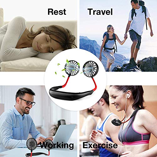 Portable Hanging Neck Sports Fan - Hands Free USB Rechargeable Personal Wearable Neckband Fan Battery Operated with 3 Level Air Flow Headphone Design Cooling (Black-Red)